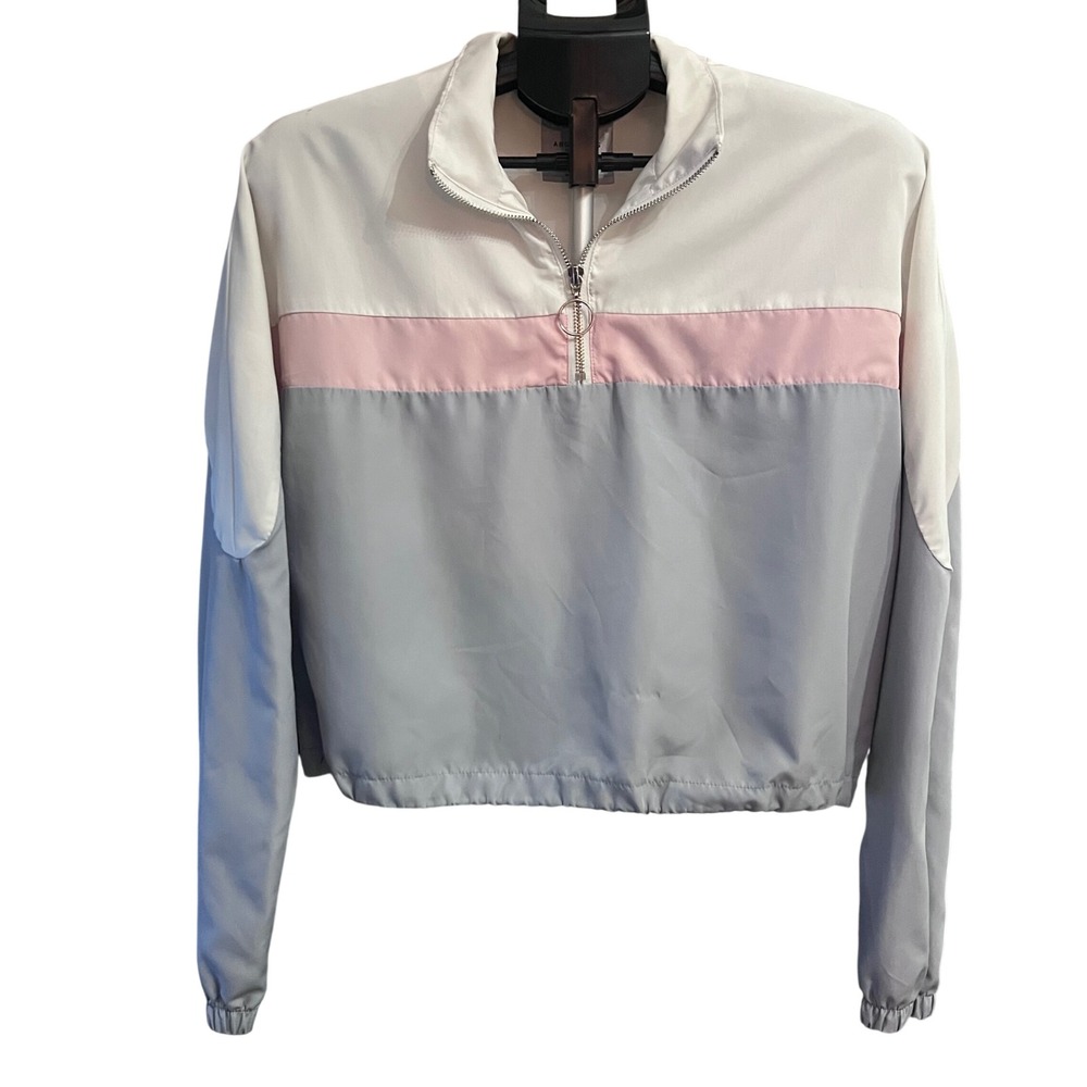 Angel Kiss LA Colorblock Qtr‎ Zip Crop Windbreaker Pullover Women's M  Grey Pink